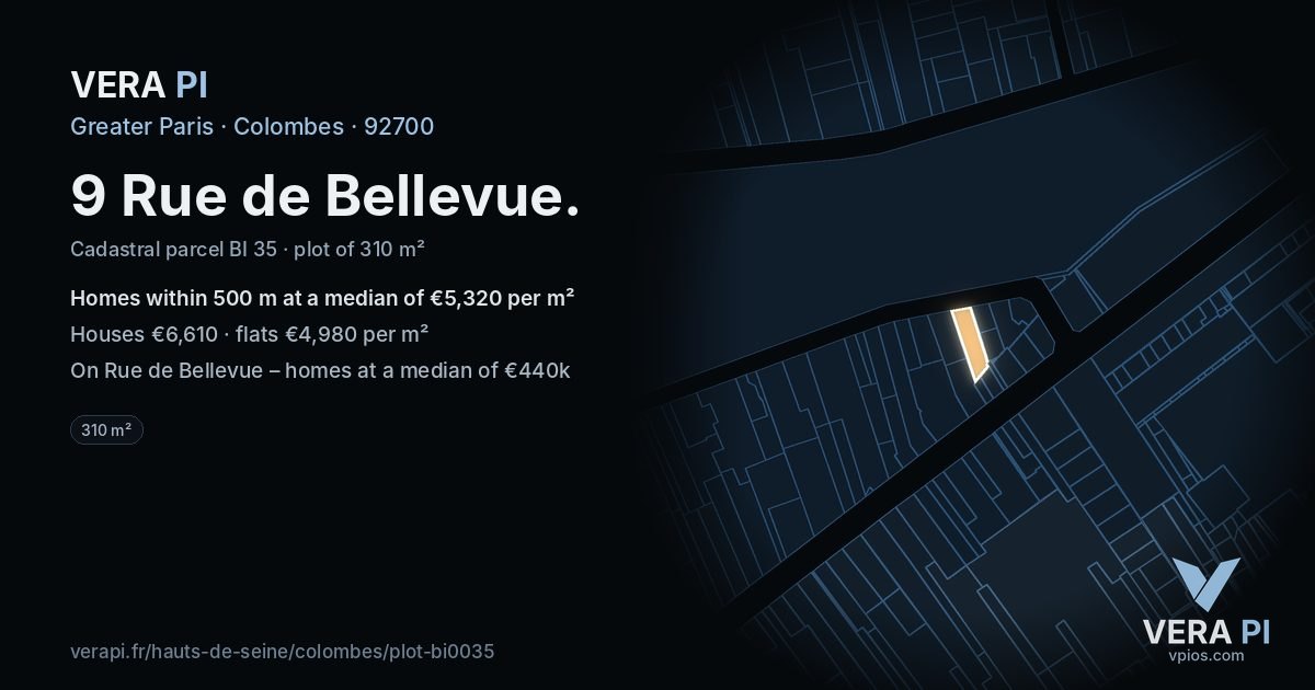 9 Rue de Bellevue, Colombes at night – the plot lit, the parcels around coloured by the prices near them