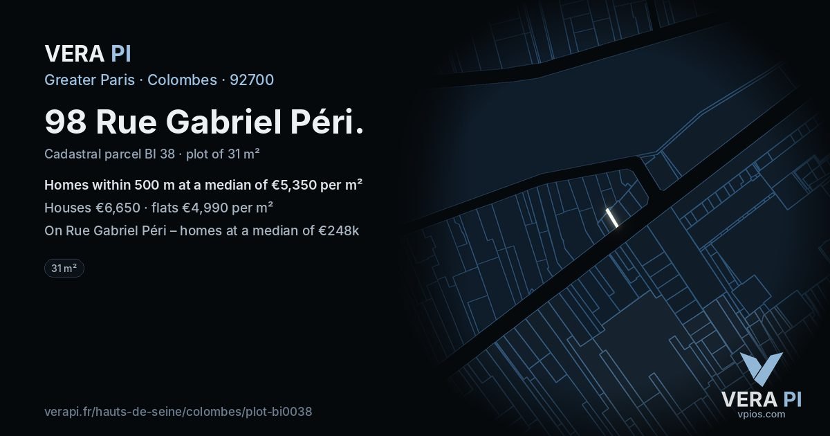 98 Rue Gabriel Péri, Colombes at night – the plot lit, the parcels around coloured by the prices near them