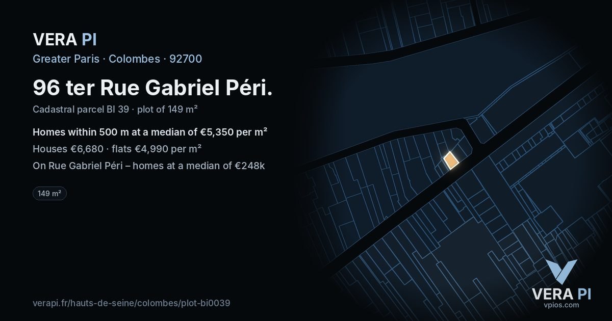 96 ter Rue Gabriel Péri, Colombes at night – the plot lit, the parcels around coloured by the prices near them