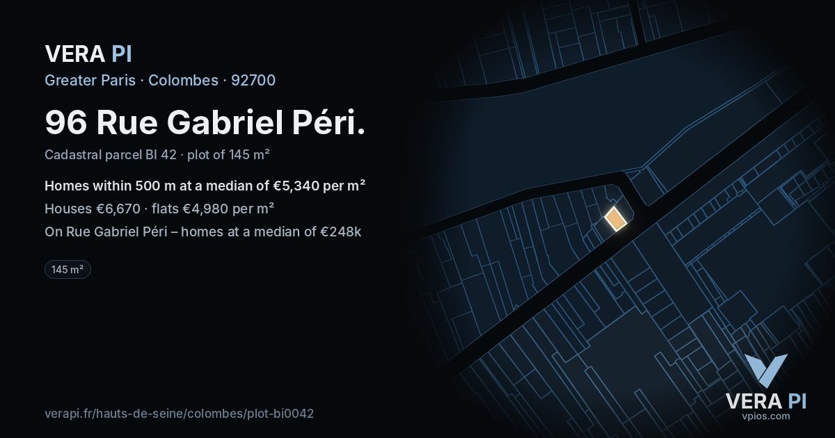 96 Rue Gabriel Péri, Colombes at night – the plot lit, the parcels around coloured by the prices near them
