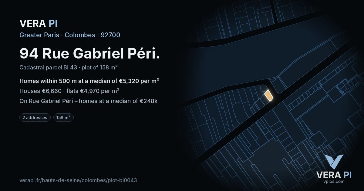 94 Rue Gabriel Péri, Colombes at night – the plot lit, the parcels around coloured by the prices near them