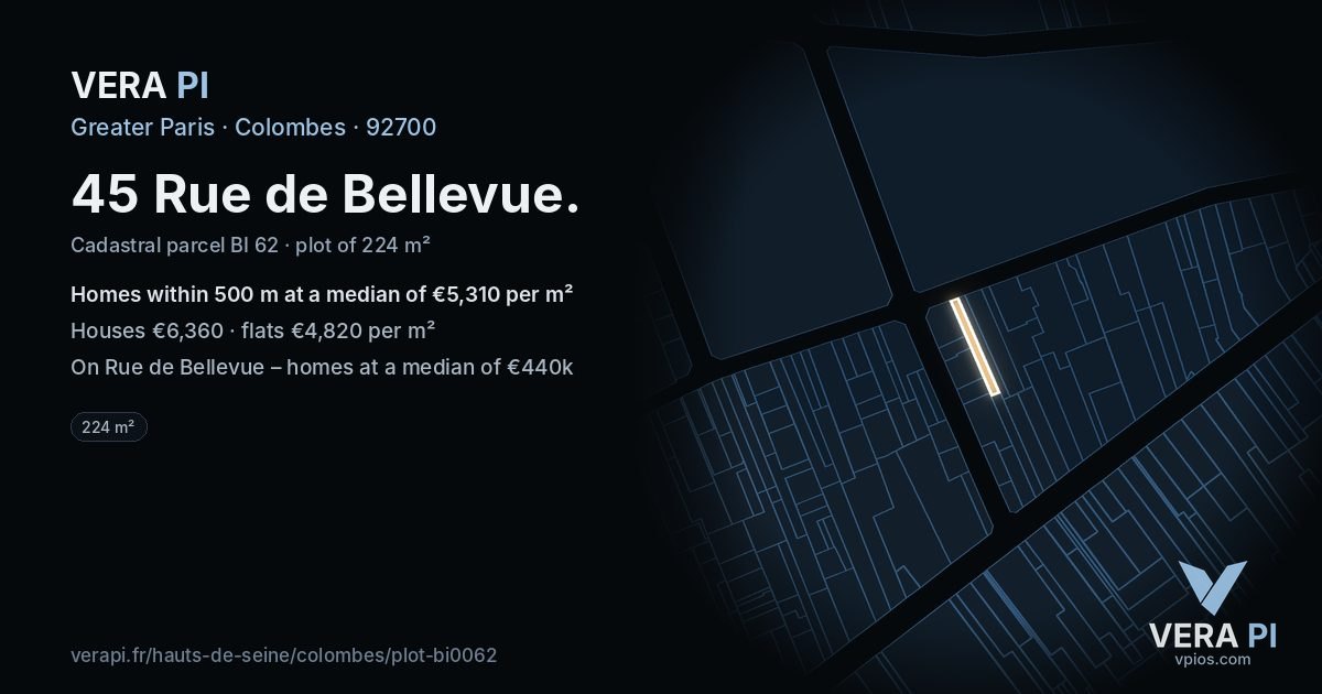 45 Rue de Bellevue, Colombes at night – the plot lit, the parcels around coloured by the prices near them