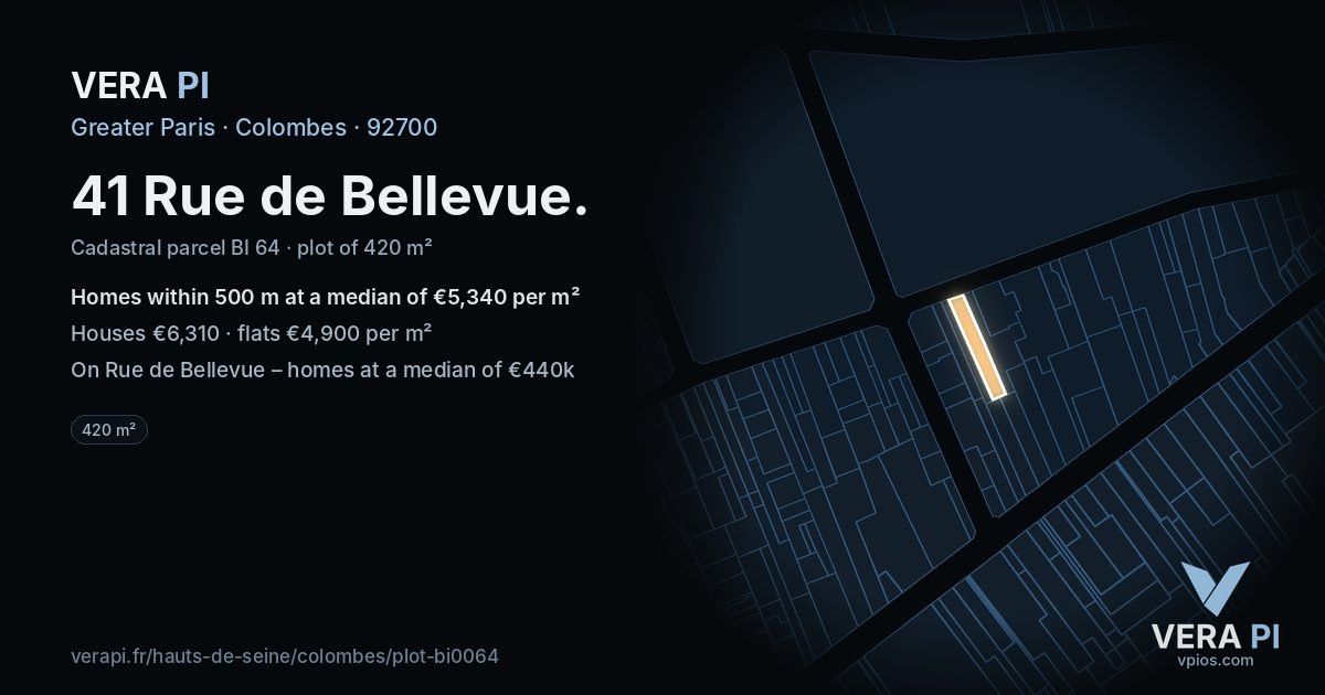 41 Rue de Bellevue, Colombes at night – the plot lit, the parcels around coloured by the prices near them