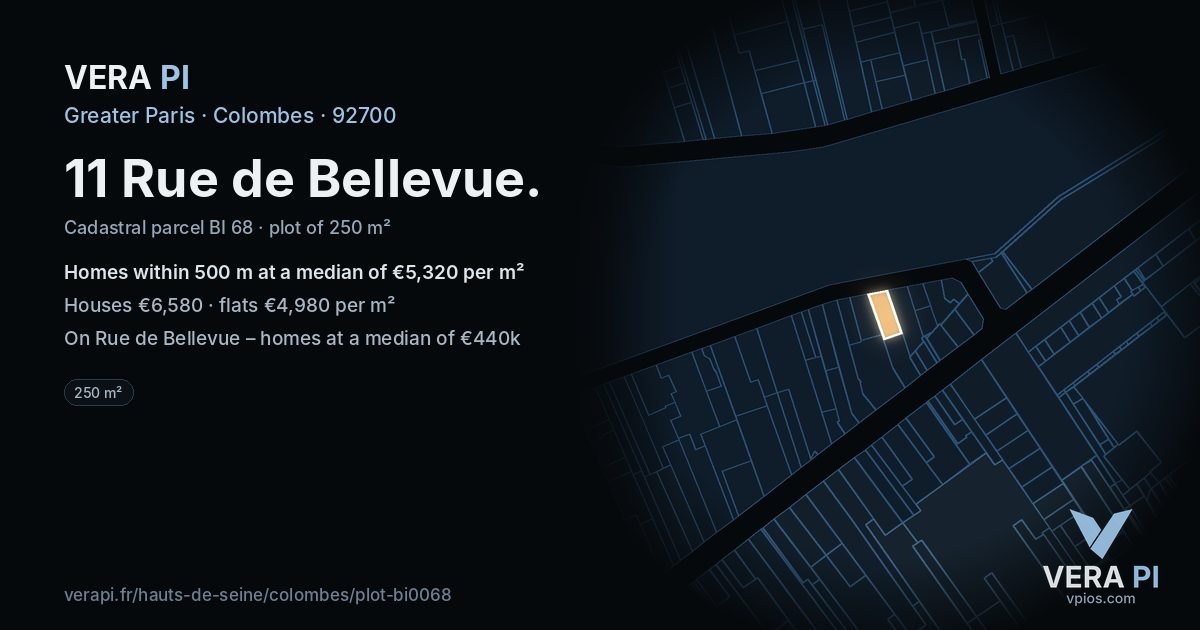 11 Rue de Bellevue, Colombes at night – the plot lit, the parcels around coloured by the prices near them