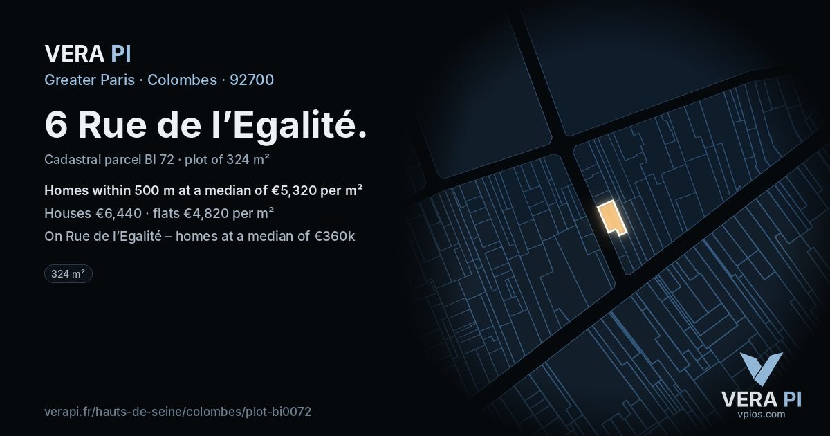 6 Rue de l’Egalité, Colombes at night – the plot lit, the parcels around coloured by the prices near them