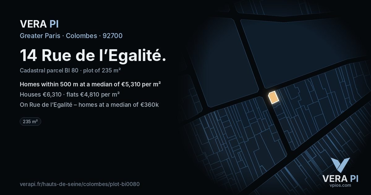 14 Rue de l’Egalité, Colombes at night – the plot lit, the parcels around coloured by the prices near them
