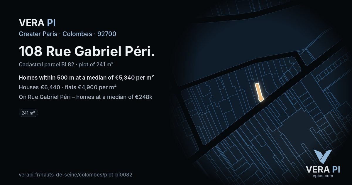 108 Rue Gabriel Péri, Colombes at night – the plot lit, the parcels around coloured by the prices near them