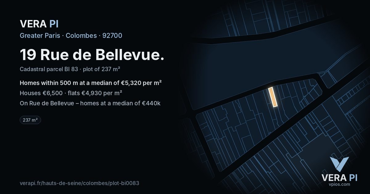 19 Rue de Bellevue, Colombes at night – the plot lit, the parcels around coloured by the prices near them