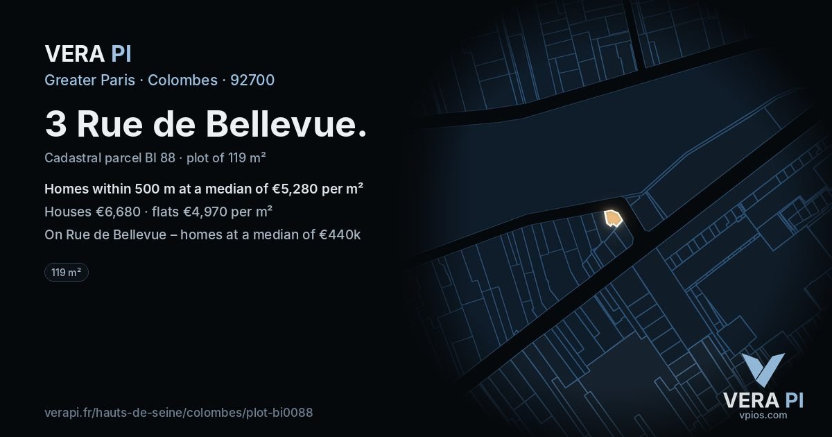 3 Rue de Bellevue, Colombes at night – the plot lit, the parcels around coloured by the prices near them