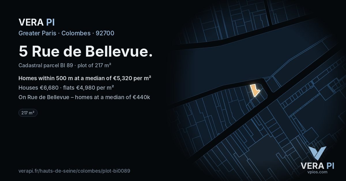 5 Rue de Bellevue, Colombes at night – the plot lit, the parcels around coloured by the prices near them