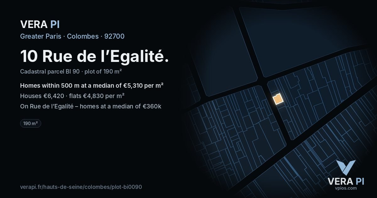 10 Rue de l’Egalité, Colombes at night – the plot lit, the parcels around coloured by the prices near them