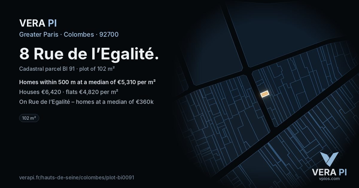 8 Rue de l’Egalité, Colombes at night – the plot lit, the parcels around coloured by the prices near them