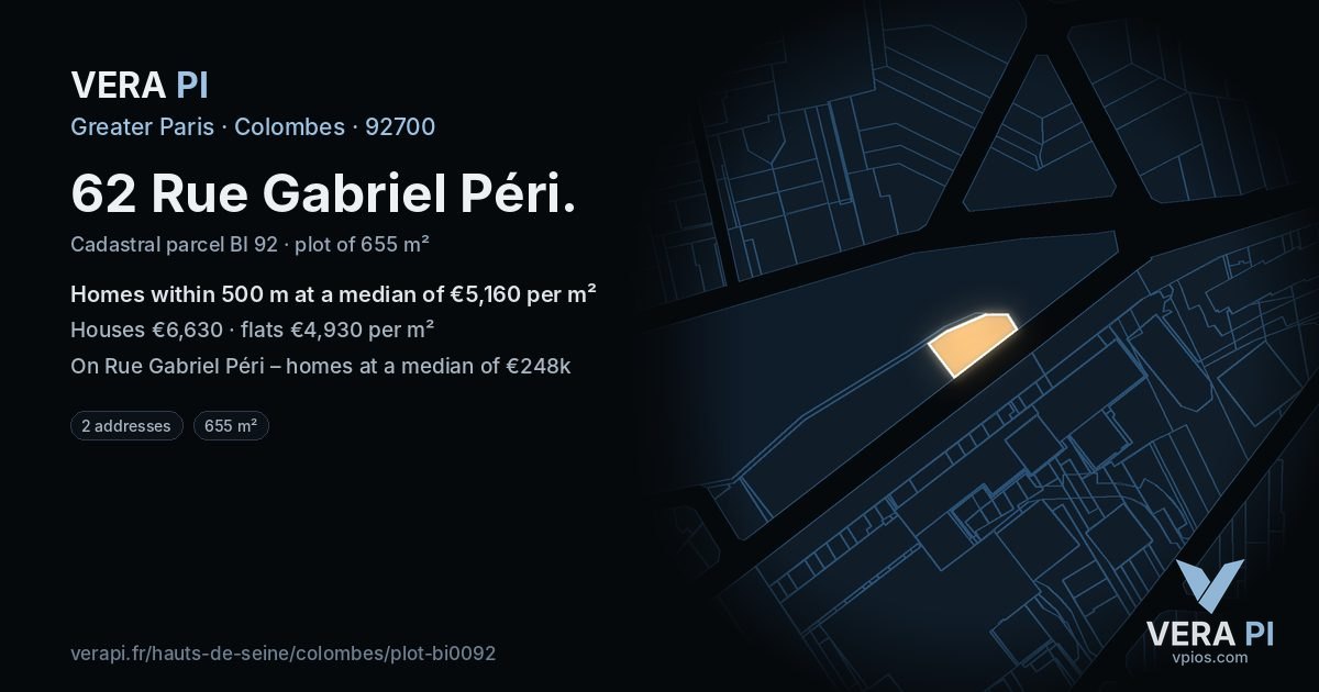 62 Rue Gabriel Péri, Colombes at night – the plot lit, the parcels around coloured by the prices near them