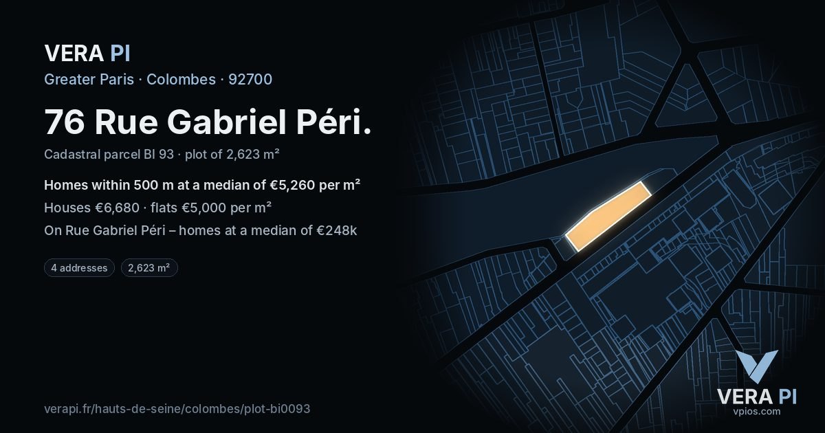 76 Rue Gabriel Péri, Colombes at night – the plot lit, the parcels around coloured by the prices near them