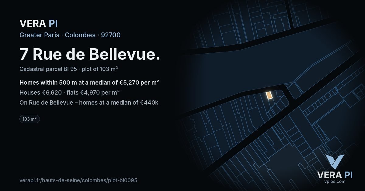 7 Rue de Bellevue, Colombes at night – the plot lit, the parcels around coloured by the prices near them