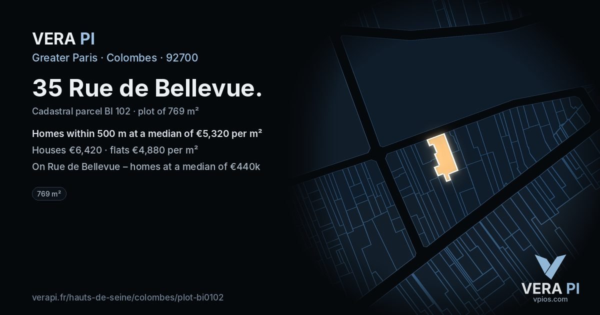 35 Rue de Bellevue, Colombes at night – the plot lit, the parcels around coloured by the prices near them