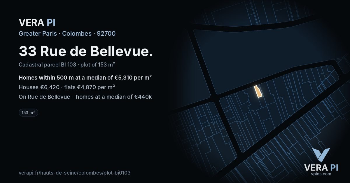 33 Rue de Bellevue, Colombes at night – the plot lit, the parcels around coloured by the prices near them