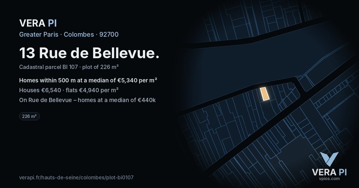 13 Rue de Bellevue, Colombes at night – the plot lit, the parcels around coloured by the prices near them