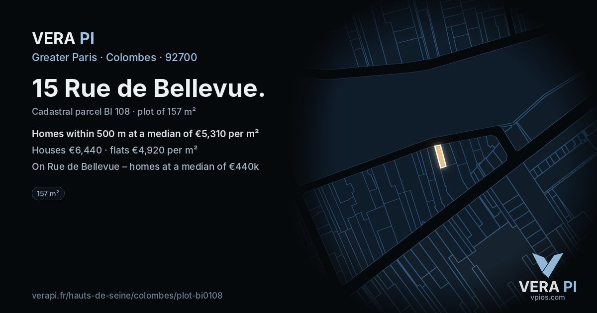 15 Rue de Bellevue, Colombes at night – the plot lit, the parcels around coloured by the prices near them