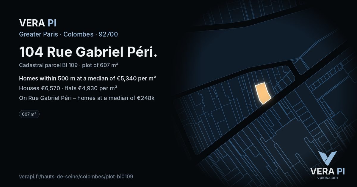 104 Rue Gabriel Péri, Colombes at night – the plot lit, the parcels around coloured by the prices near them
