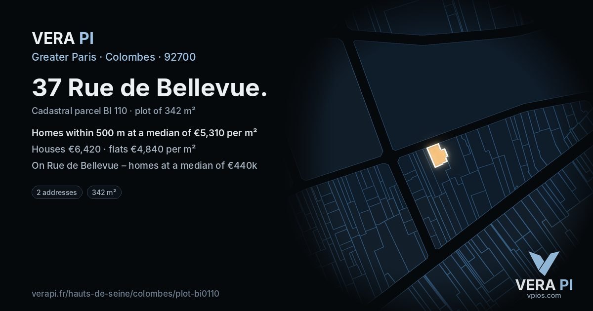 37 Rue de Bellevue, Colombes at night – the plot lit, the parcels around coloured by the prices near them