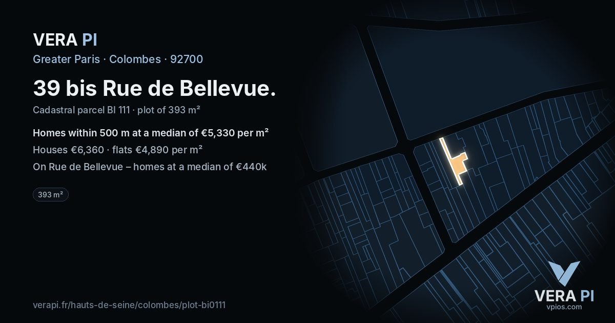 39 bis Rue de Bellevue, Colombes at night – the plot lit, the parcels around coloured by the prices near them