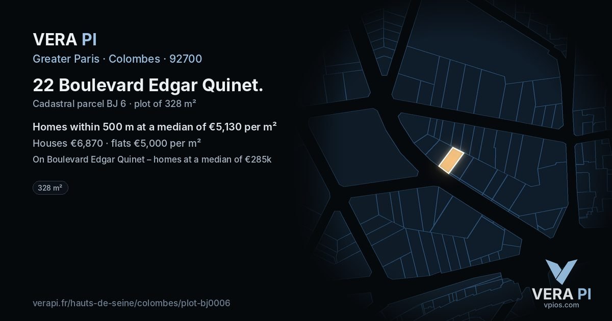 22 Boulevard Edgar Quinet, Colombes at night – the plot lit, the parcels around coloured by the prices near them