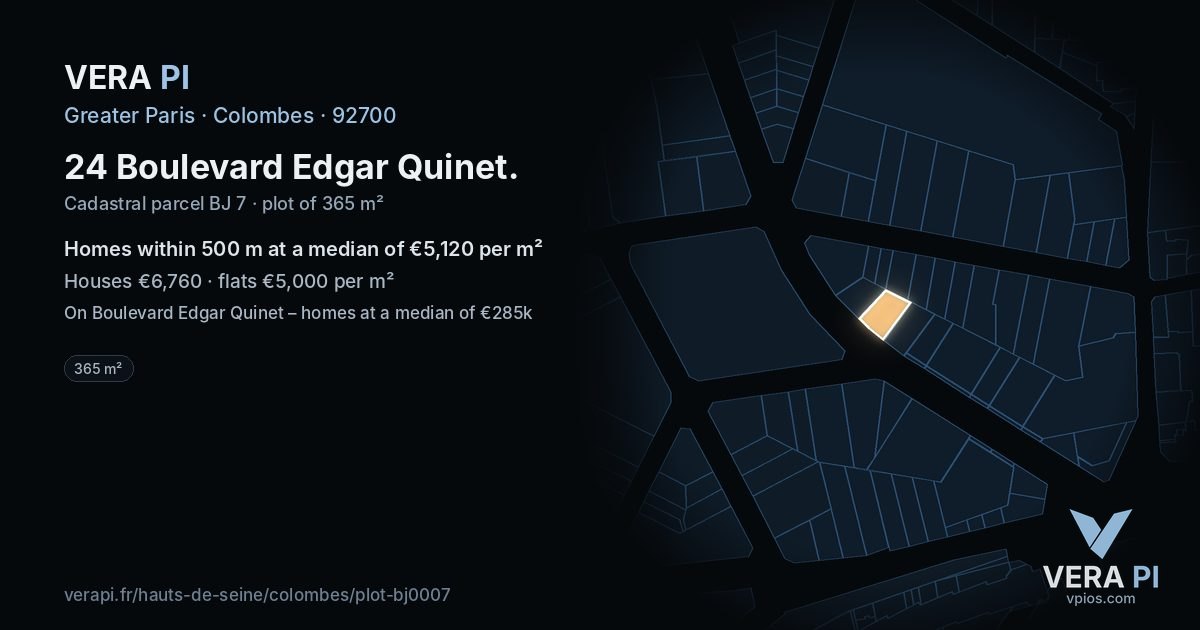 24 Boulevard Edgar Quinet, Colombes at night – the plot lit, the parcels around coloured by the prices near them