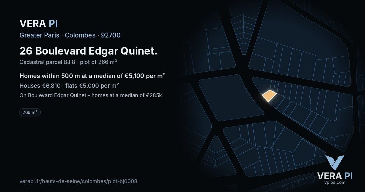 26 Boulevard Edgar Quinet, Colombes at night – the plot lit, the parcels around coloured by the prices near them