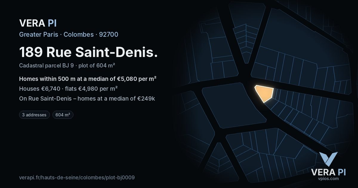 189 Rue Saint-Denis, Colombes at night – the plot lit, the parcels around coloured by the prices near them