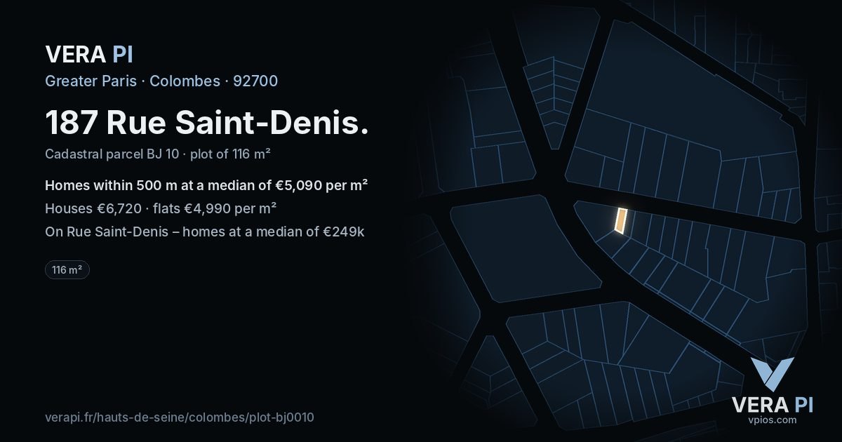 187 Rue Saint-Denis, Colombes at night – the plot lit, the parcels around coloured by the prices near them