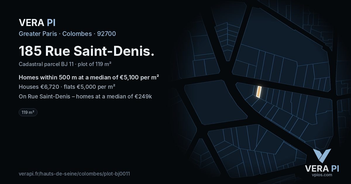 185 Rue Saint-Denis, Colombes at night – the plot lit, the parcels around coloured by the prices near them