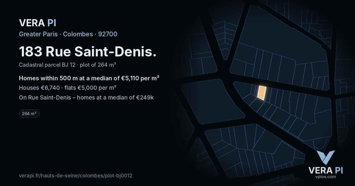 183 Rue Saint-Denis, Colombes at night – the plot lit, the parcels around coloured by the prices near them