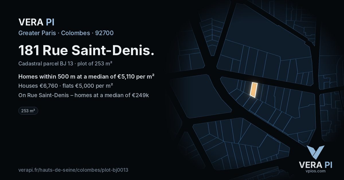 181 Rue Saint-Denis, Colombes at night – the plot lit, the parcels around coloured by the prices near them