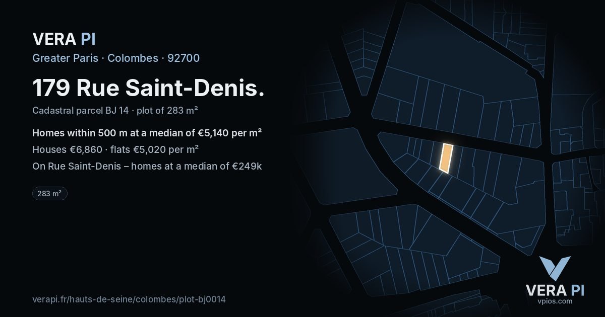 179 Rue Saint-Denis, Colombes at night – the plot lit, the parcels around coloured by the prices near them