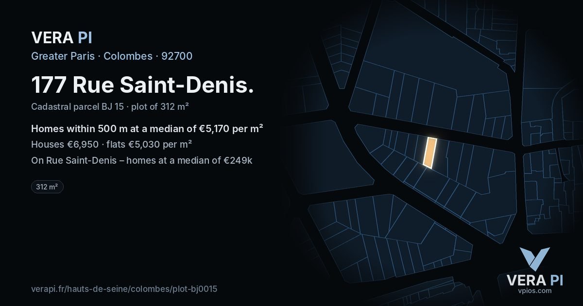 177 Rue Saint-Denis, Colombes at night – the plot lit, the parcels around coloured by the prices near them