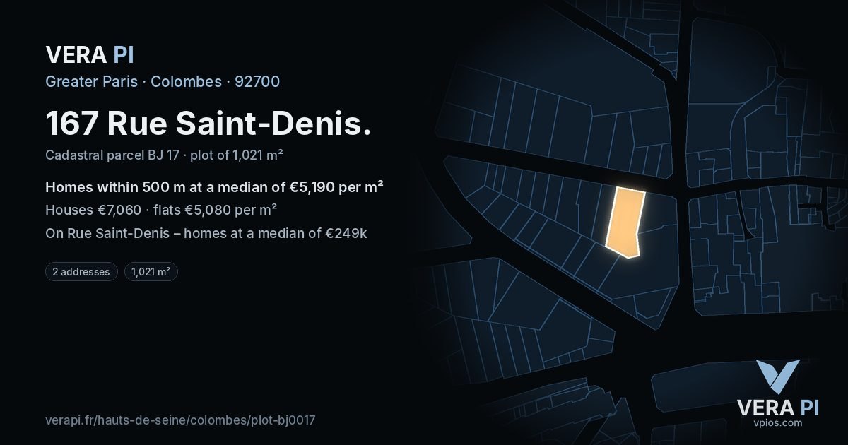 167 Rue Saint-Denis, Colombes at night – the plot lit, the parcels around coloured by the prices near them