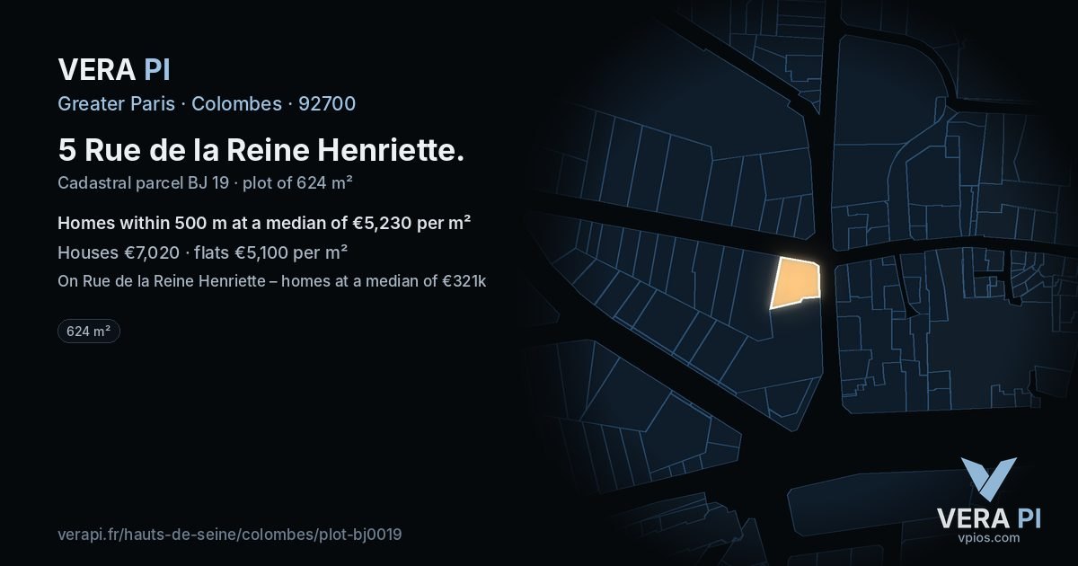 5 Rue de la Reine Henriette, Colombes at night – the plot lit, the parcels around coloured by the prices near them