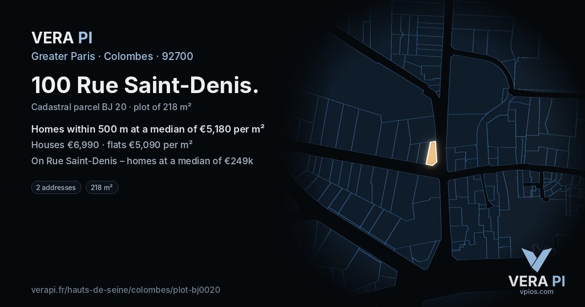 100 Rue Saint-Denis, Colombes at night – the plot lit, the parcels around coloured by the prices near them