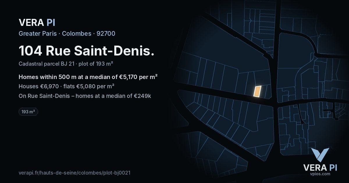 104 Rue Saint-Denis, Colombes at night – the plot lit, the parcels around coloured by the prices near them
