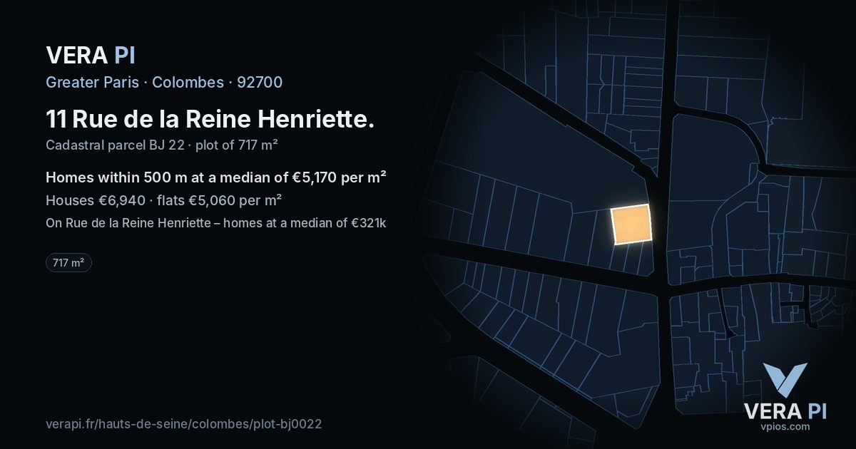 11 Rue de la Reine Henriette, Colombes at night – the plot lit, the parcels around coloured by the prices near them