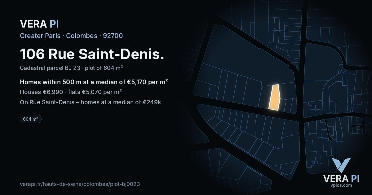 106 Rue Saint-Denis, Colombes at night – the plot lit, the parcels around coloured by the prices near them