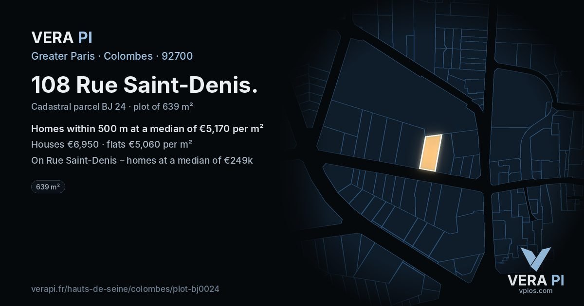 108 Rue Saint-Denis, Colombes at night – the plot lit, the parcels around coloured by the prices near them