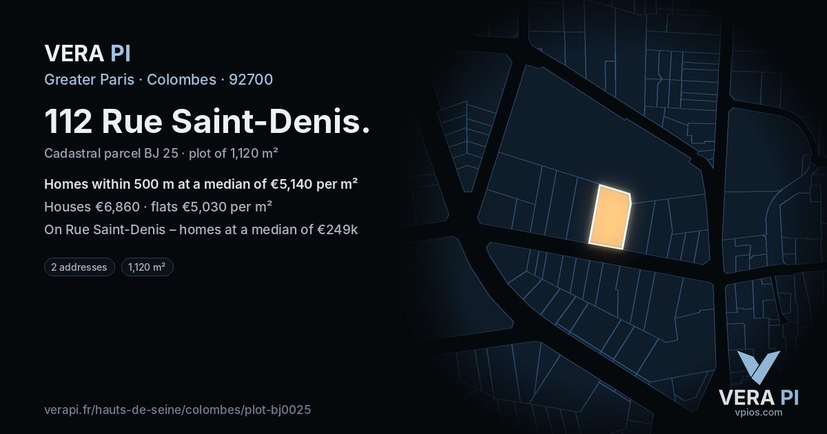112 Rue Saint-Denis, Colombes at night – the plot lit, the parcels around coloured by the prices near them