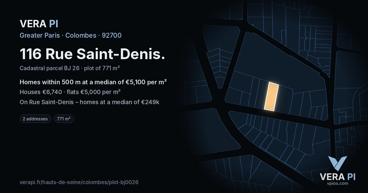 116 Rue Saint-Denis, Colombes at night – the plot lit, the parcels around coloured by the prices near them