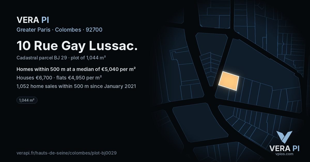 10 Rue Gay Lussac, Colombes at night – the plot lit, the parcels around coloured by the prices near them