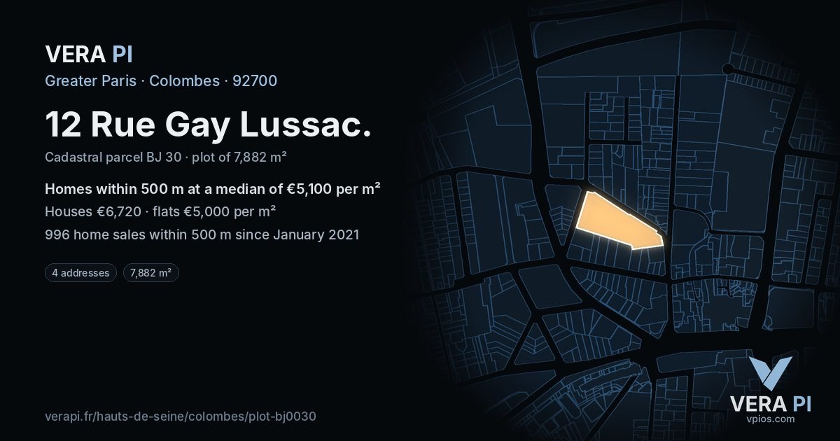 12 Rue Gay Lussac, Colombes at night – the plot lit, the parcels around coloured by the prices near them