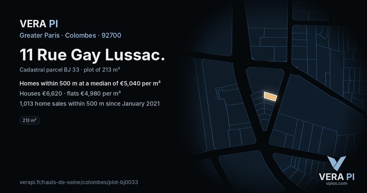 11 Rue Gay Lussac, Colombes at night – the plot lit, the parcels around coloured by the prices near them
