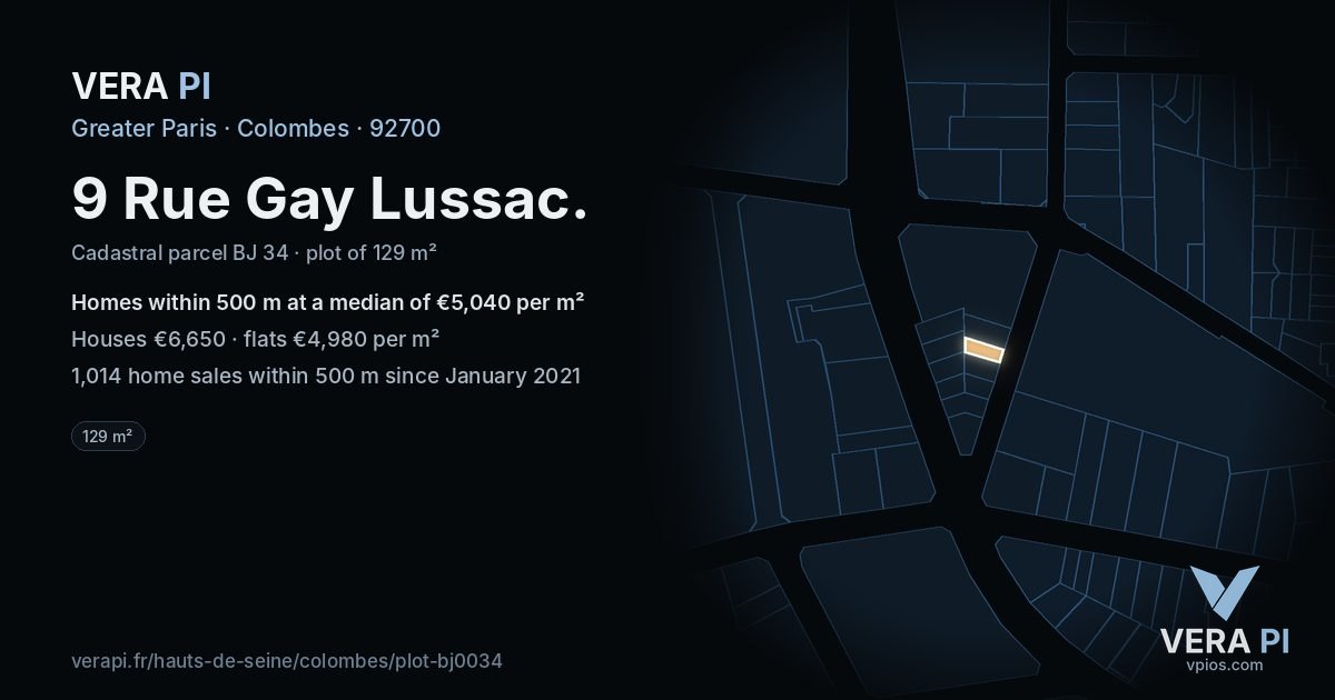 9 Rue Gay Lussac, Colombes at night – the plot lit, the parcels around coloured by the prices near them