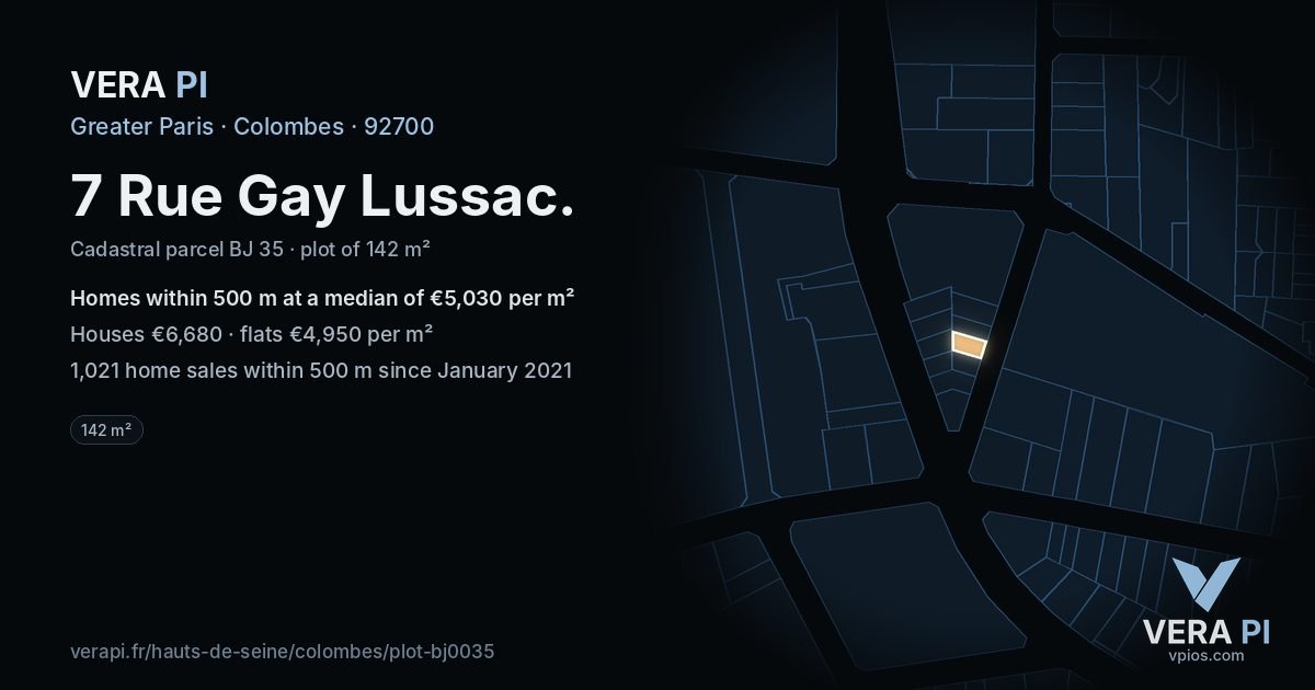 7 Rue Gay Lussac, Colombes at night – the plot lit, the parcels around coloured by the prices near them